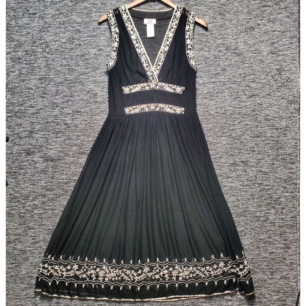 iXe Dress Womens 8 Black Mesh Embroidered Pleated Whimsigoth Fairy Goth Midi